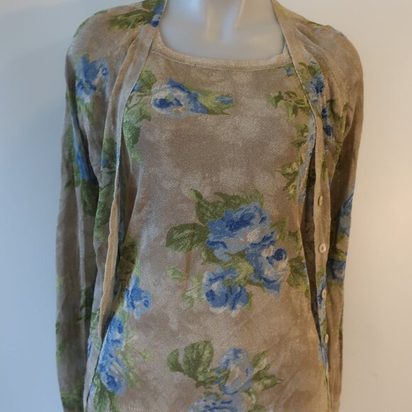 Escada Light Gold Metallic Floral 2PC Cardigan Sweater-Tank Set 34 EUR/US 2 - Picture 3 of 9